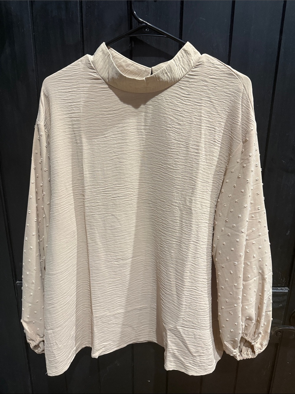 Cream Mock Neck Long Sleeve Textured Blouse